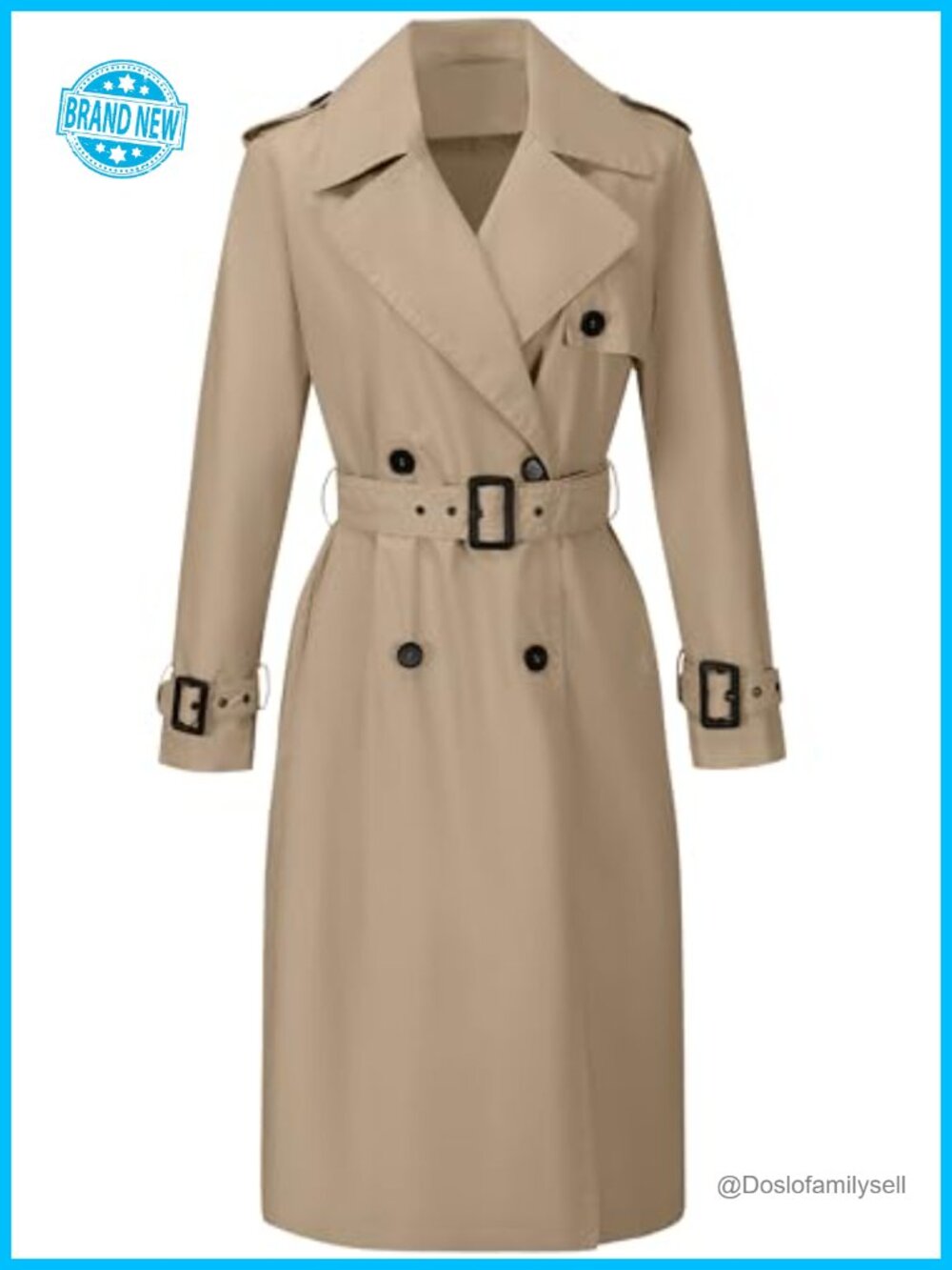 Women Double-Breasted Long Trench Coat Water Resistant Belted